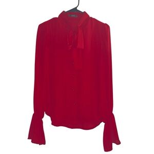 SHEIN Women’s Front Self Tie Bow Button Up Bell Cuff Long Sleeve Blouse Top